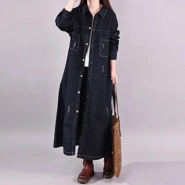 Loose Denim Trench Coat Retro Distressed Mid length Black - Shop at LoveMi