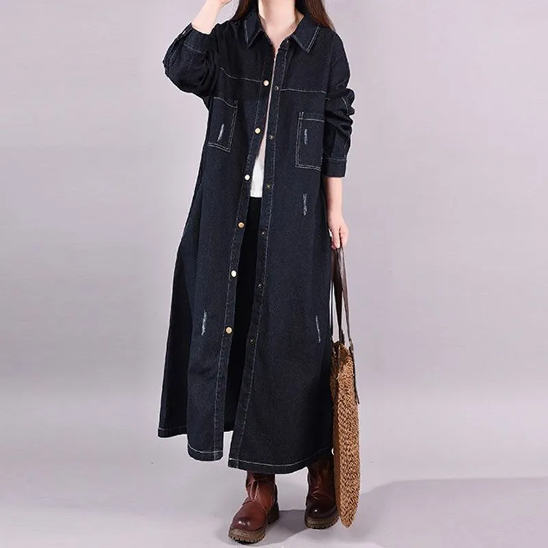 Loose Denim Trench Coat Retro Distressed Mid-length - Black
