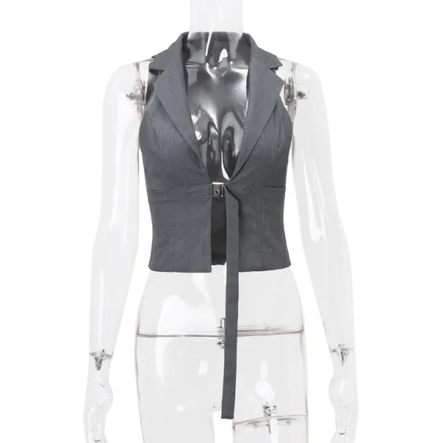 Elegant Lapel Tied Slim Fit Suit Halter Vest Gray - Shop at LoveMi