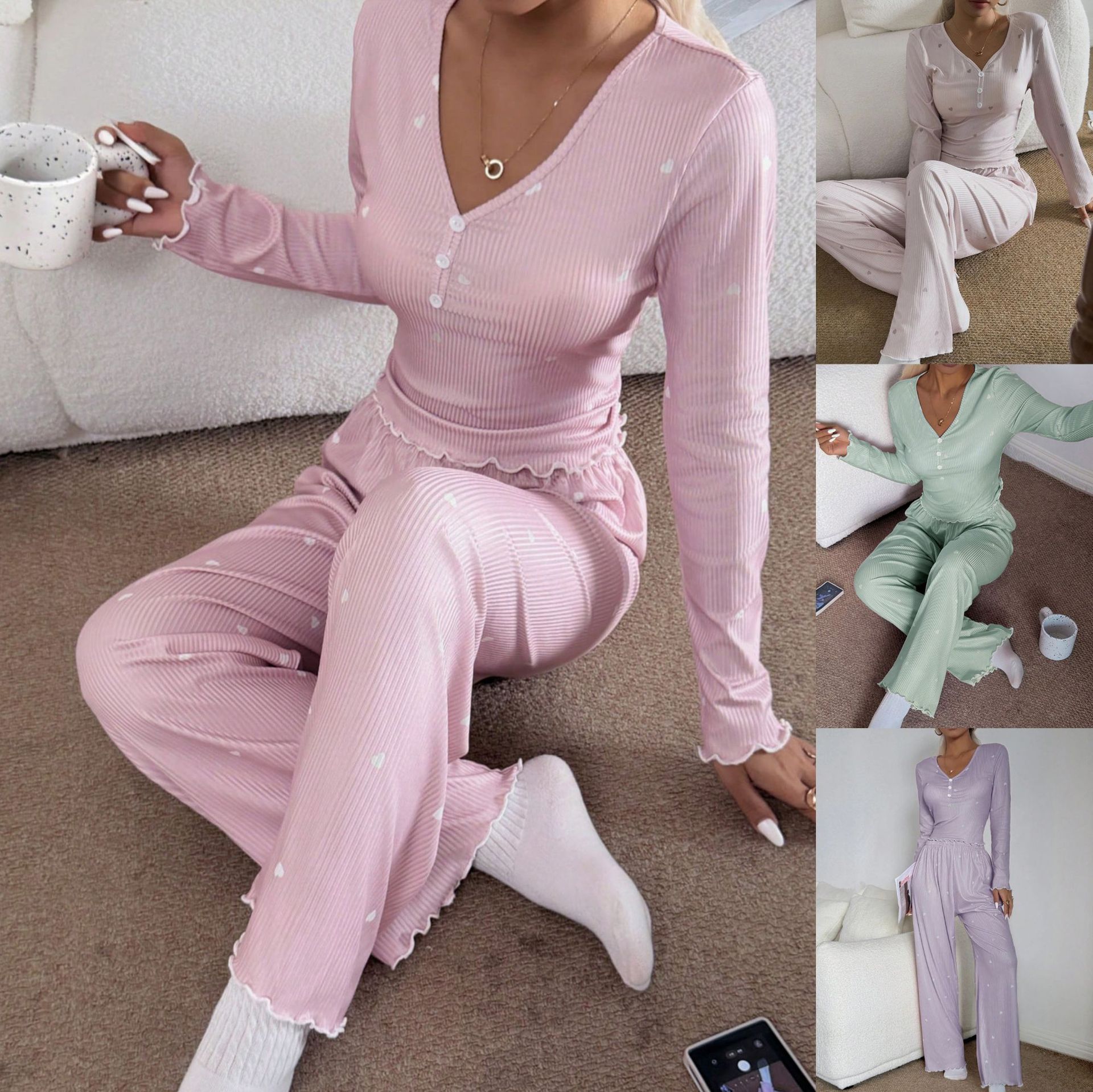Womens V-neck Button-front Long-sleeve Pajama Set With Pants