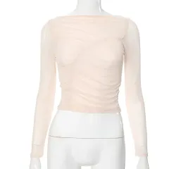 European And American Pure Color Mesh See-through Slim-fit Midriff-baring Top - Apricot - View 1