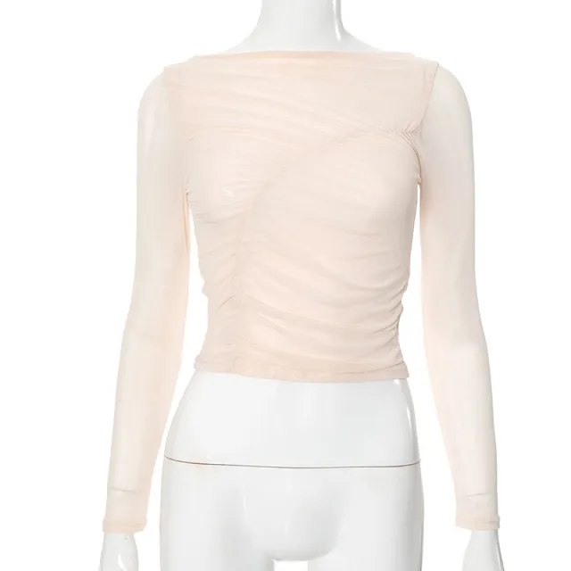 European And American Pure Color Mesh See through Slim fit Midriff baring Top Apricot - Shop at LoveMi