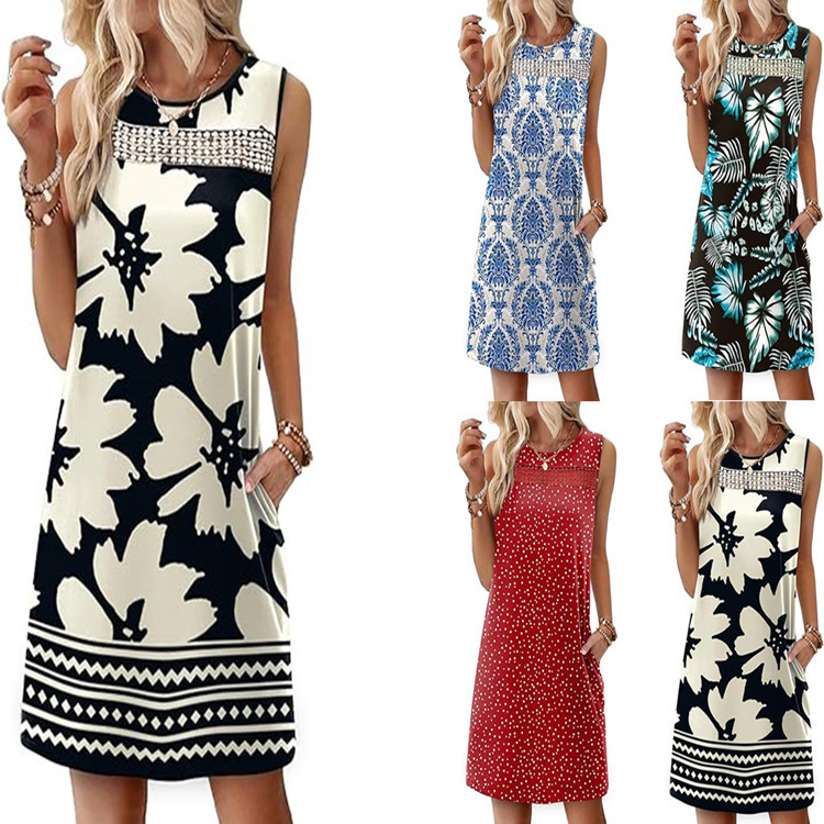 Fashionable Printed Lace Trim Patchwork Dress