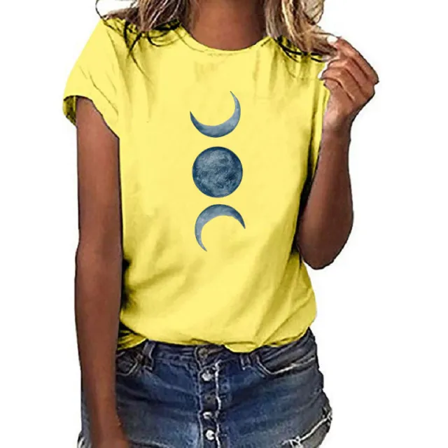 European And American Moon Print Crew Neck Casual T shirt Yellow - Shop at LoveMi