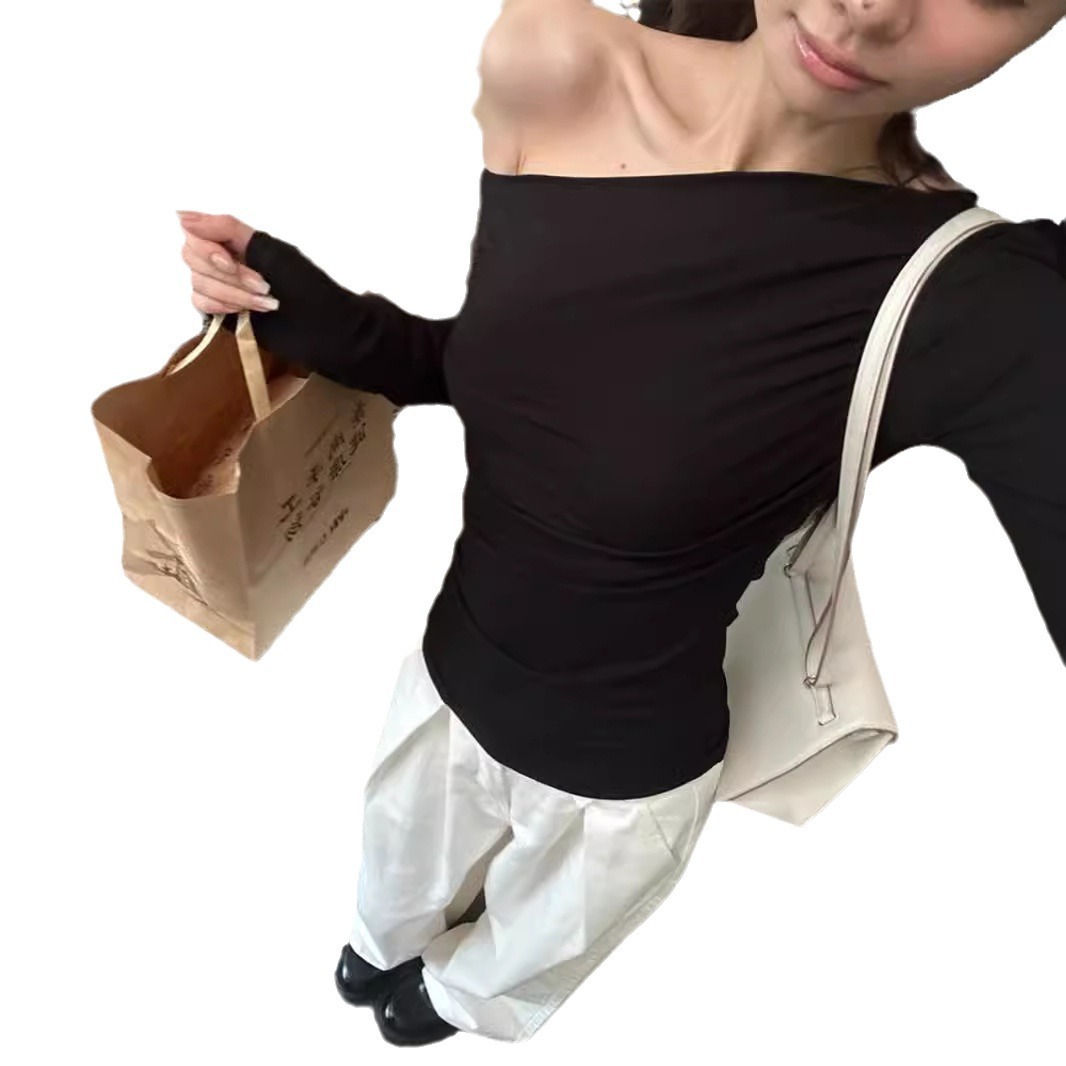 Pure Hot Girl Slim-fit Slimming And Shoulder Hollow Long-sleeved T-shirt Women's Top