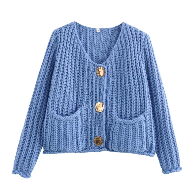 European And American Solid Color Single breasted Double Pocket Short Thick Sweater Coat Top Blue - Shop at LoveMi
