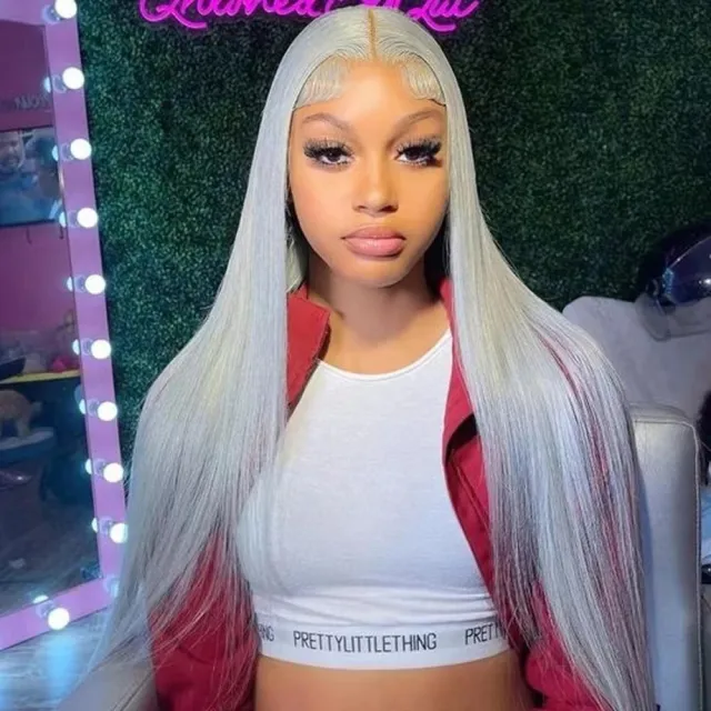 European And American Fashion Front Face Lace Wig Straight Silver Gray - Shop at LoveMi