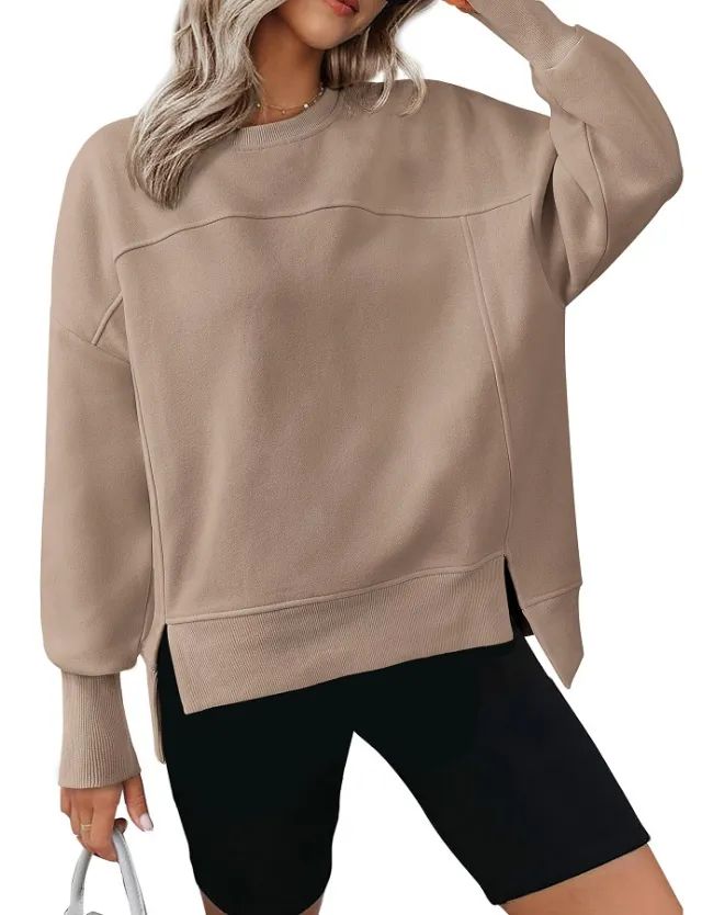 European And American Autumn And Winter Round Neck Long Sleeve Split Casual Loose Sweatshirt Khaki - Shop at LoveMi