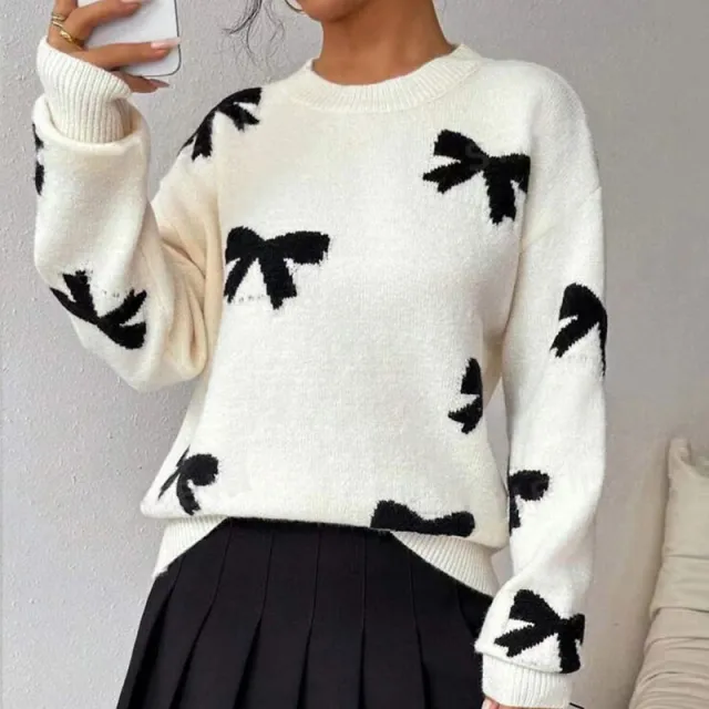 Autumn And Winter Round Neck Bow Jacquard Pullover Sweater White - Shop at LoveMi
