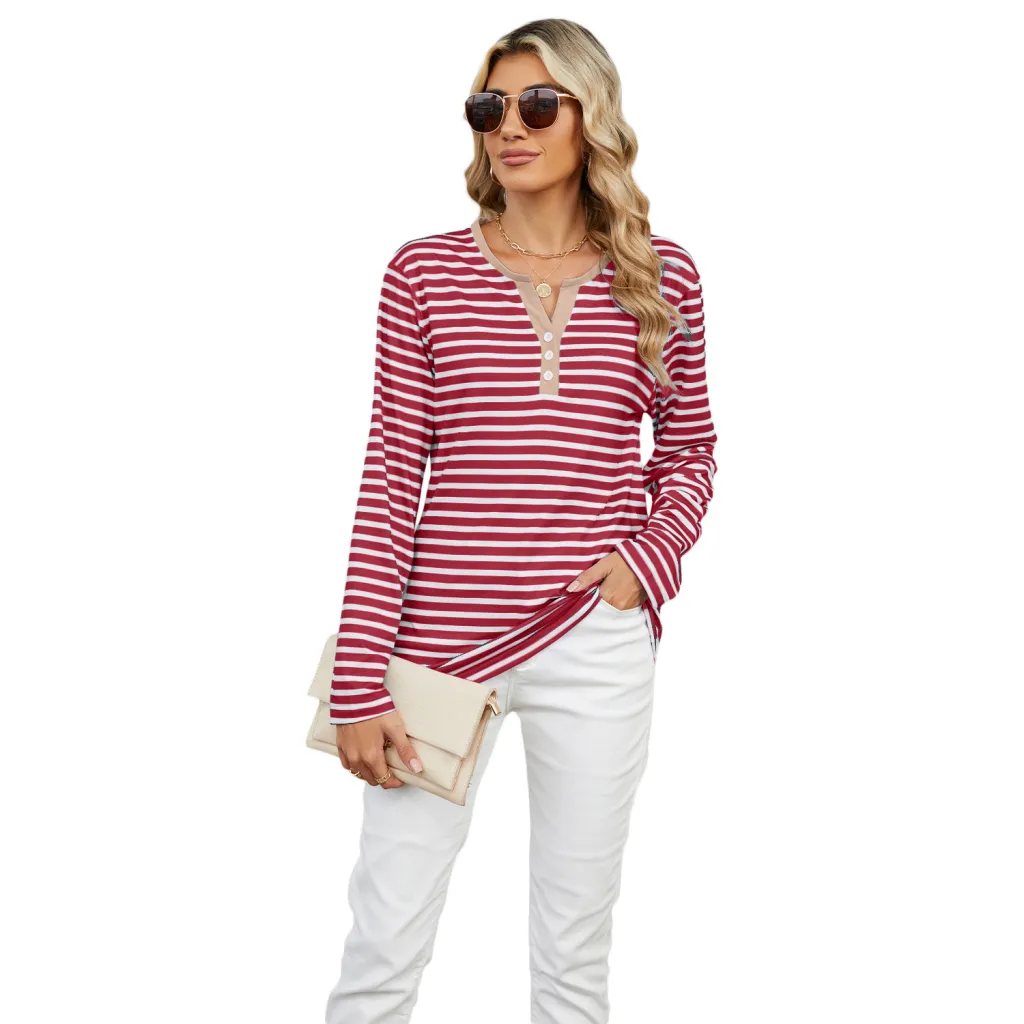 Women's V-neck Striped Loose Long-sleeved T-shirt Top - Red Stripe