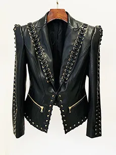 Fashion Heavy Industry Eyelet Rope Slim fit Leather Coat Suit Jacket Black Leather Suit - Shop at LoveMi