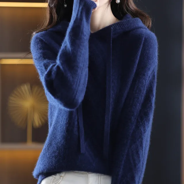Women's Autumn Hooded Long Sleeve Loose Sweater Navy Blue - Shop at LoveMi