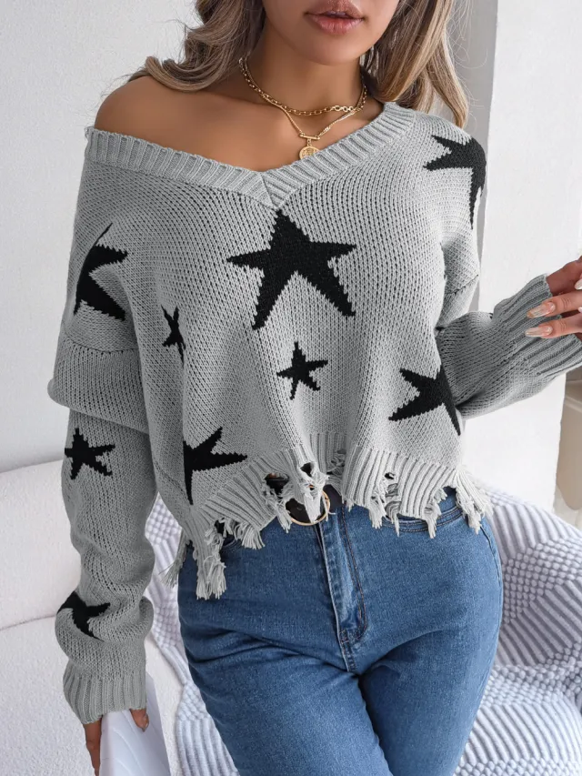 Long Sleeve Knitted Pullover Sweater Gray - Shop at LoveMi