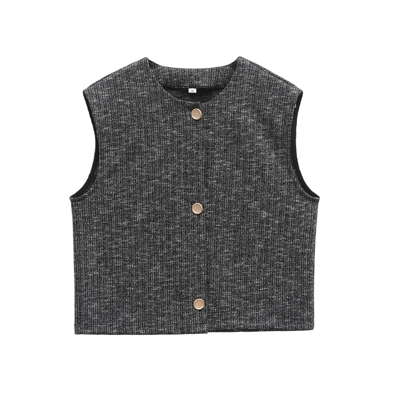 Round Neck Decorated Row Button Sleeveless Texture Vest