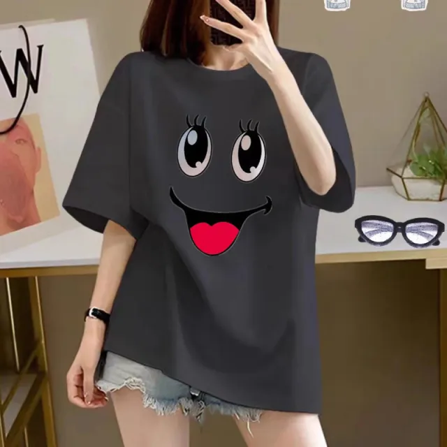 Women's Cotton Creative Cartoon Printed Short Sleeve Dark Gray 0250 - Shop at LoveMi