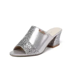 Chunky Heel Sequined Casual Plus Size Sandals - Silver - View 1