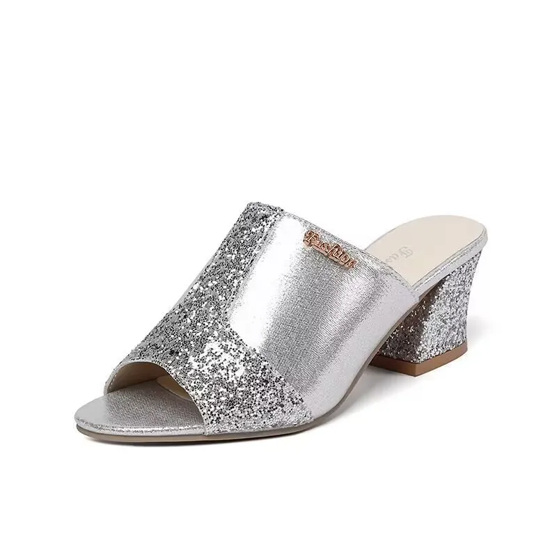 Chunky Heel Sequined Casual Plus Size Sandals - Silver