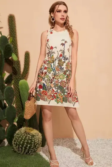 Spring And Summer Women's Elegant Casual Flower Digital Printing Vest Dress Beige - Shop at LoveMi