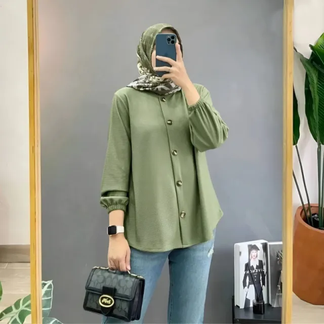 Muslim Ice Silk Wrinkle Stand up Collar Literary Vintage Cardigan Loose Shirt Women Avocado - Shop at LoveMi