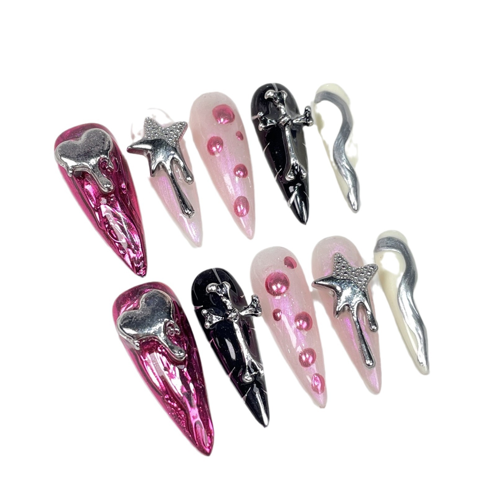 Long Pointed Handcrafted Wearable Nails With Metallic Embossing From Europe And The US
