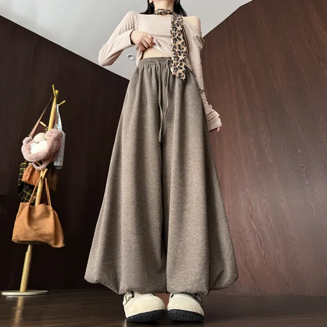 Womens High Waisted Fleece Lined Solid Color Lamb Wool Bloomer Culottes Coffee - Shop at LoveMi