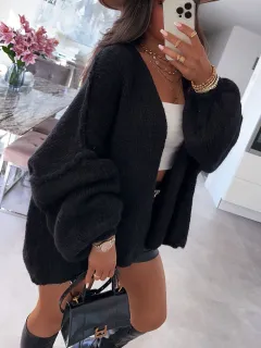 Casual Loose Solid Color Mid-length Knitted Sweater For Women - Black - View 1
