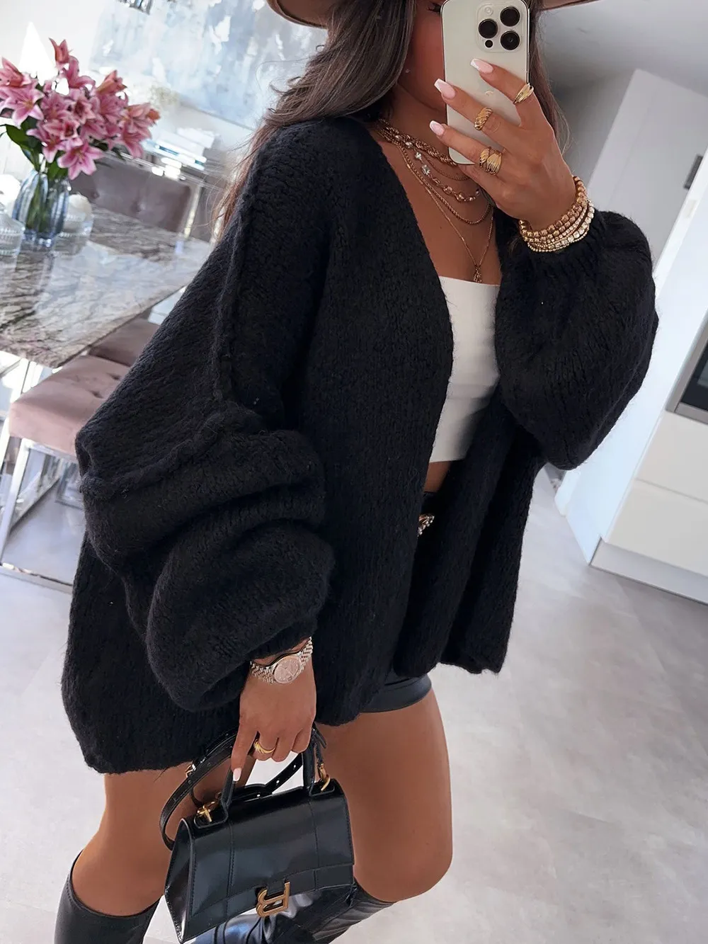 Casual Loose Solid Color Mid-length Knitted Sweater For Women - Black