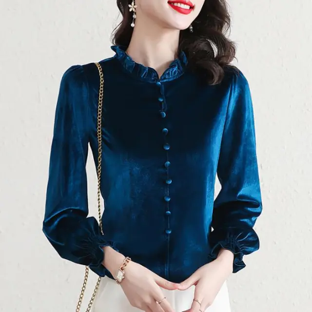 Gold Velvet Middle aged Mom Top Western Style Slimming Women's Base Shirt Blue - Shop at LoveMi