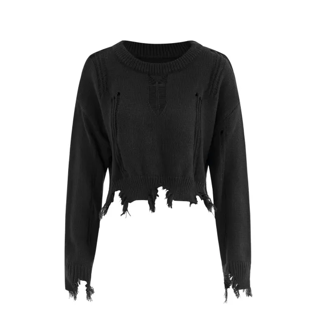 Hole Cut Irregular Special Trendy Style Short Sweater Black - Shop at LoveMi