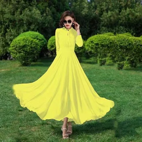 Womens Fashion Chiffon Beach Long Sleeve Dress Yellow - Shop at LoveMi