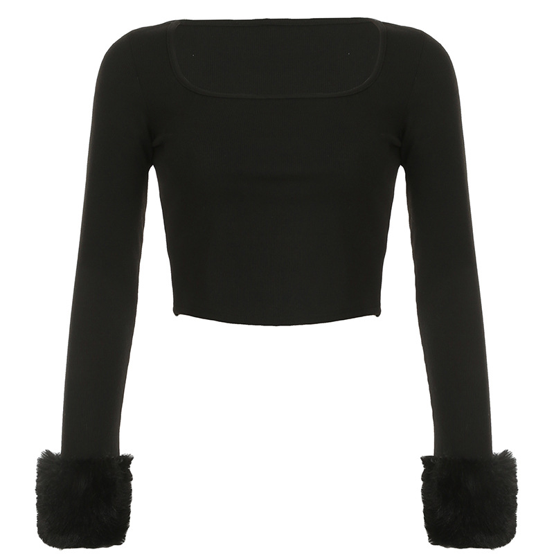Square Collar Sexy Short Furry Long-sleeved T-shirt Solid Color Off Navel Knitted Top