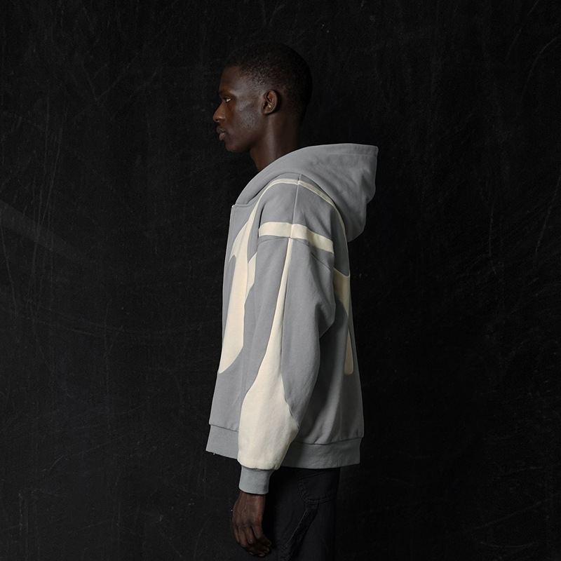 Pattern Stitching Trendy Hooded Cardigan Zipper Sweater