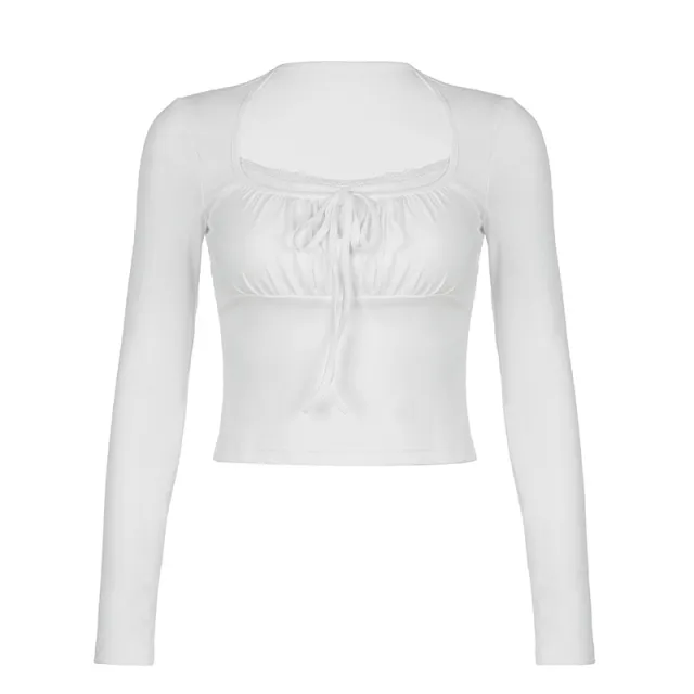 Lace Edge Stitching Fake Two piece Long sleeved T shirt Slim Pleated Lace up Short Top White - Shop at LoveMi