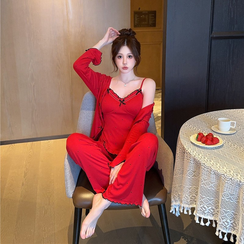 Pajamas Women's Long-sleeved Trousers Three-piece Set Sling Plus Chest Cotton