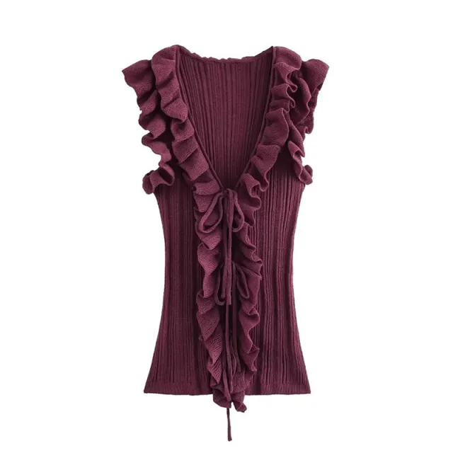 Women's Frill Tie With Sleeveless Knitted Cardigan Top Peach Red - Shop at LoveMi