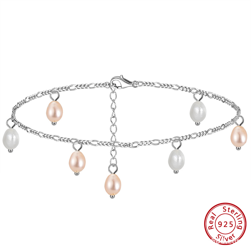 925 Sterling Silver Anklet Colorful Natural Small Rice-shaped Beads Pendant
