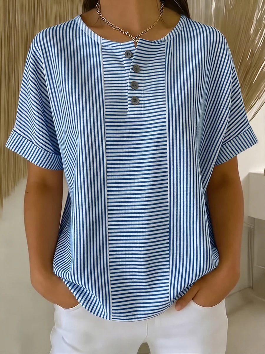 Women's striped linen T-shirt in light green – V-neck button loose fit elegant