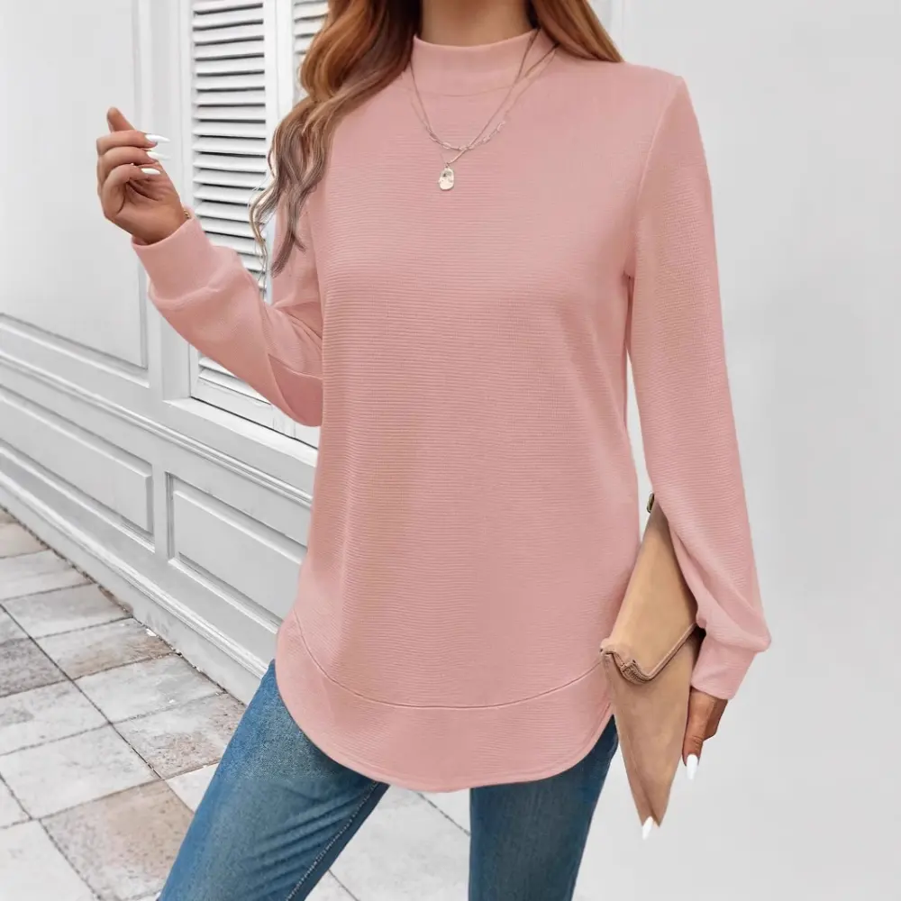 Round Neck Long Sleeve Solid Color Top Waffle T-shirt