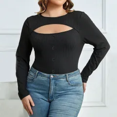 Women's Slim Fit Round Neck Sexy Hollow Long Sleeve Versatile Top - Black - View 1