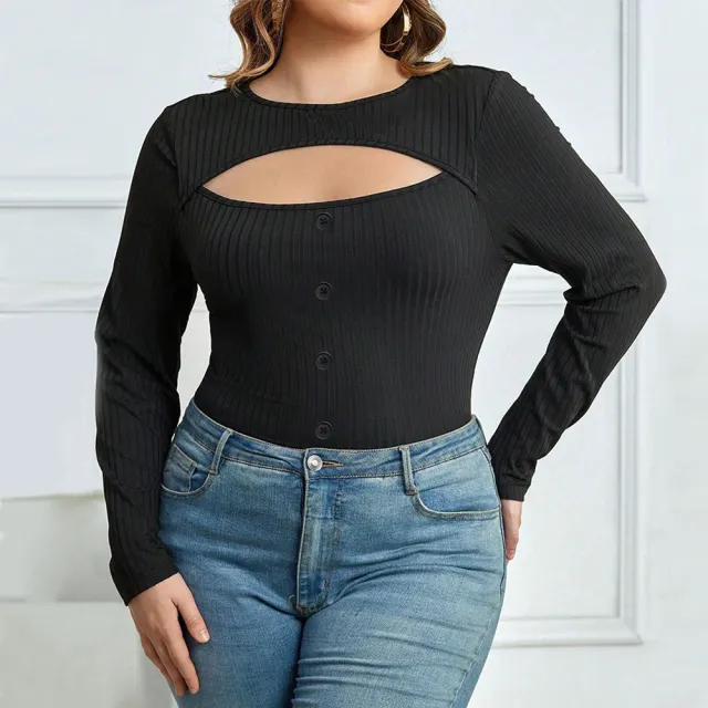 Women's Slim Fit Round Neck Sexy Hollow Long Sleeve Versatile Top Black - Shop at LoveMi