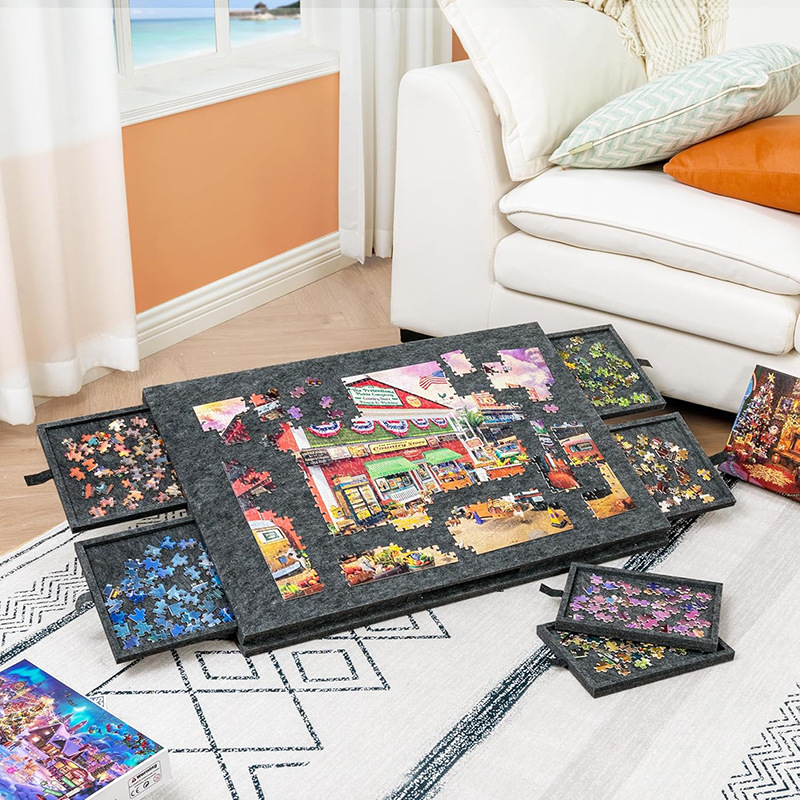 Puzzle Table Board Folding With Bracket Lid 6 Drawers Portable Adult And Children Puzzle Mat Classification Felt