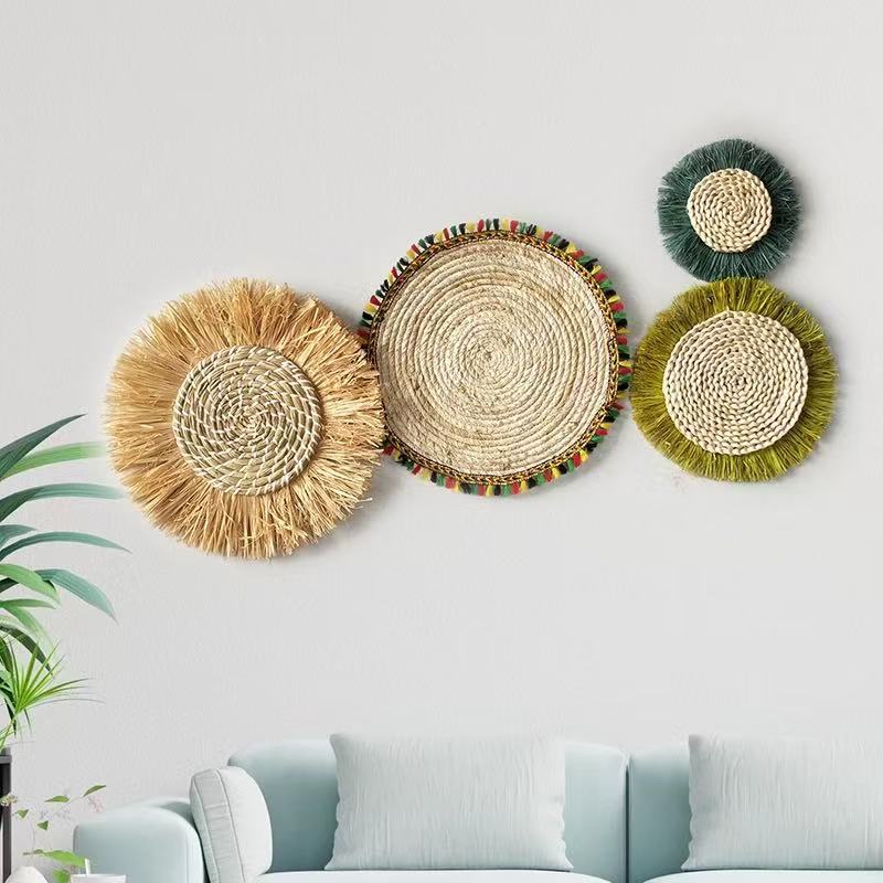 Tassel Wall Decor Round Colorful Raffia Hanging Ornament Woven Wall Hanging