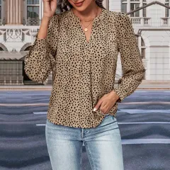 Top Fall Women's Clothing Commute Style Long Sleeve Leopard-print Shirt - Khaki - View 1