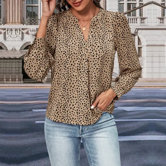 Top Fall Women's Clothing Commute Style Long Sleeve Leopard print Shirt Khaki - Shop at LoveMi