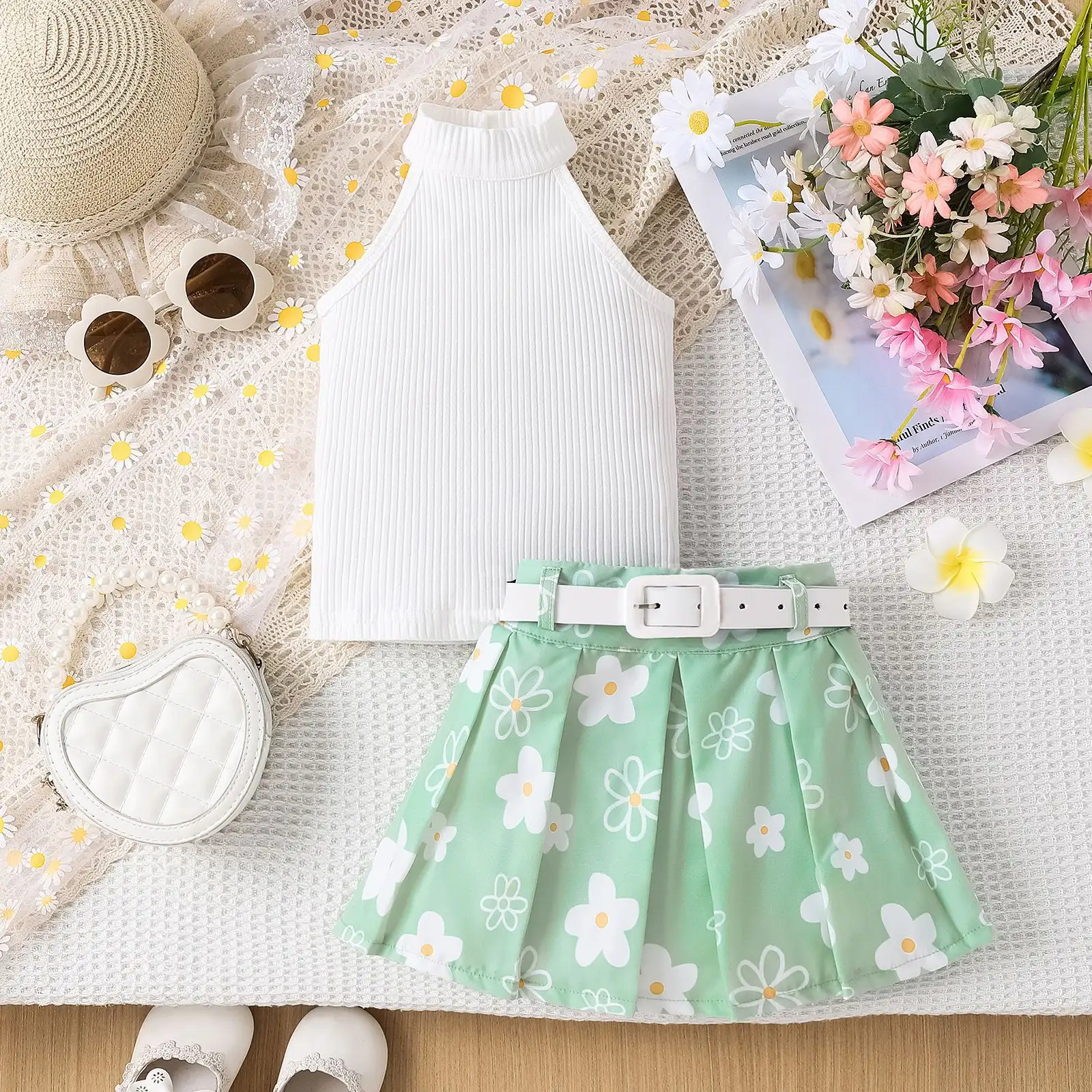 Girls' Pit Striped Halter Sleeveless Top Printed Pleated Skirt Belted Suit