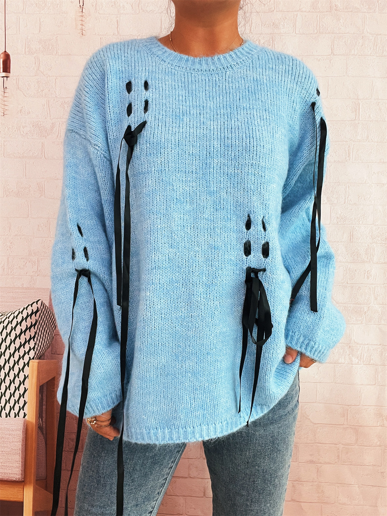 Handmade Lace-up Knitted Round Neck Long Sleeve Loose Sweater