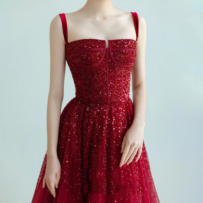 New Sequin Sling High grade Princess Engagement Dress For Women Wine Red - Shop at LoveMi
