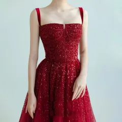New Sequin Sling High-grade Princess Engagement Dress For Women - Wine Red - View 1