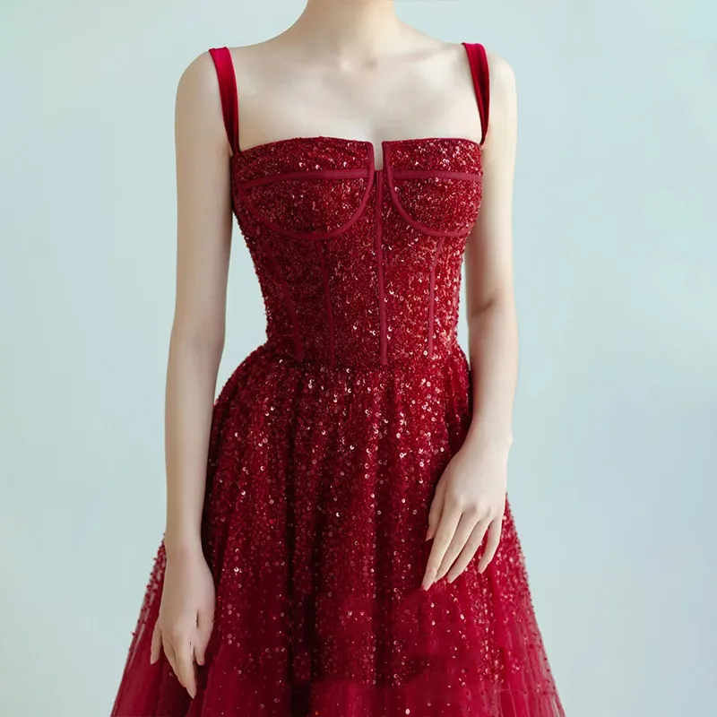 New Sequin Sling High-grade Princess Engagement Dress For Women - Wine Red
