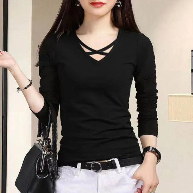 Spring And Autumn Long Sleeve Slim Fit Plus Size V neck Cross Bottoming Shirt Top For Women Black - Shop at LoveMi